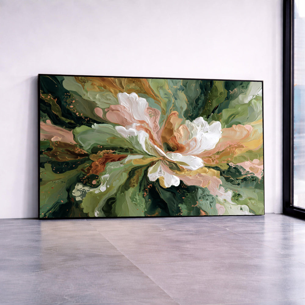 Abstract Floral Canvas Wall Art, Green and Peach Flower Painting, Modern Nature Decor, Botanical Canvas Print, Ready to Canvas Print Art