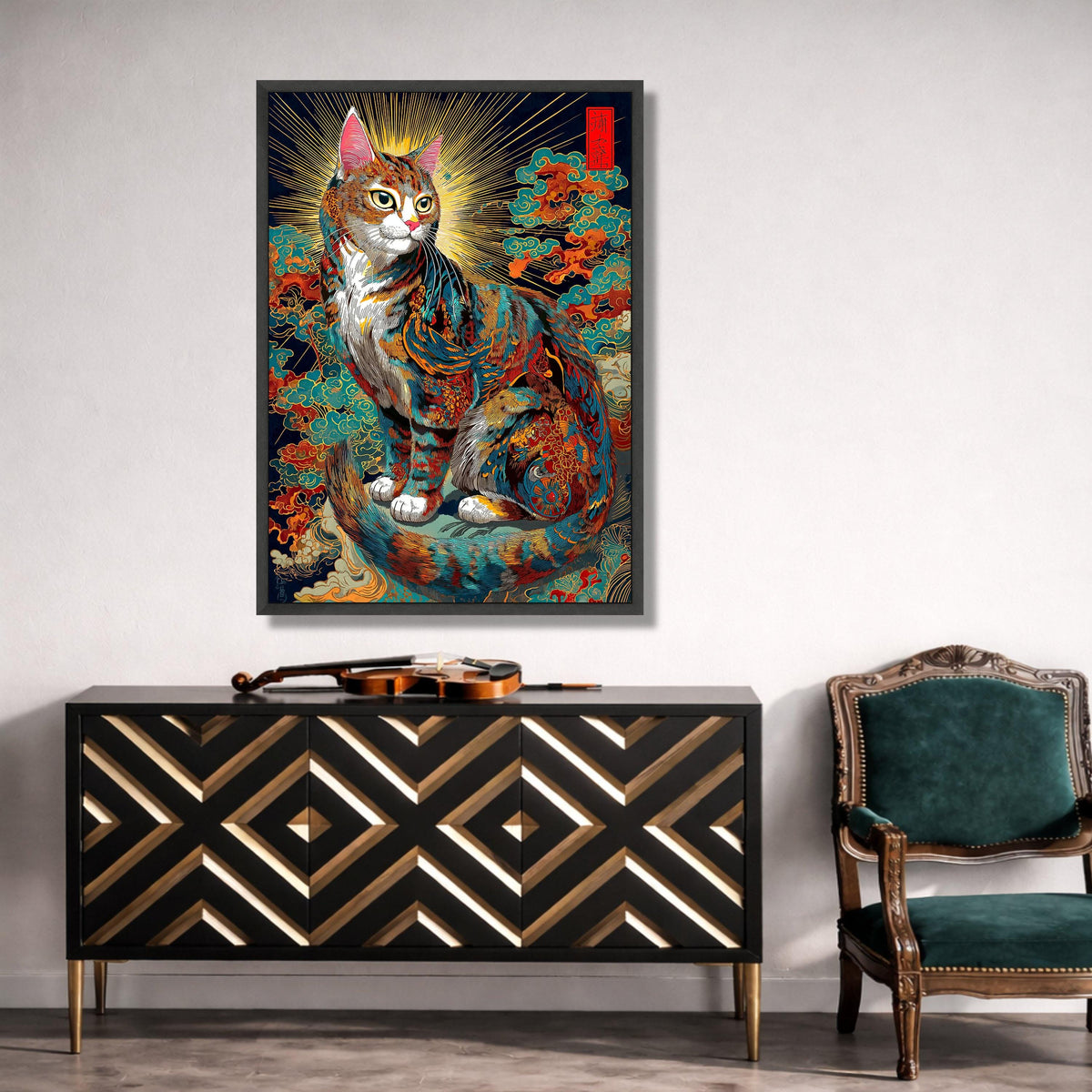 Mystical Cat Canvas Wall Art, Asian Cat Illustration, Vibrant Colorful Feline Decor, Detailed Animal Canvas, Unique Home Canvas Print Art
