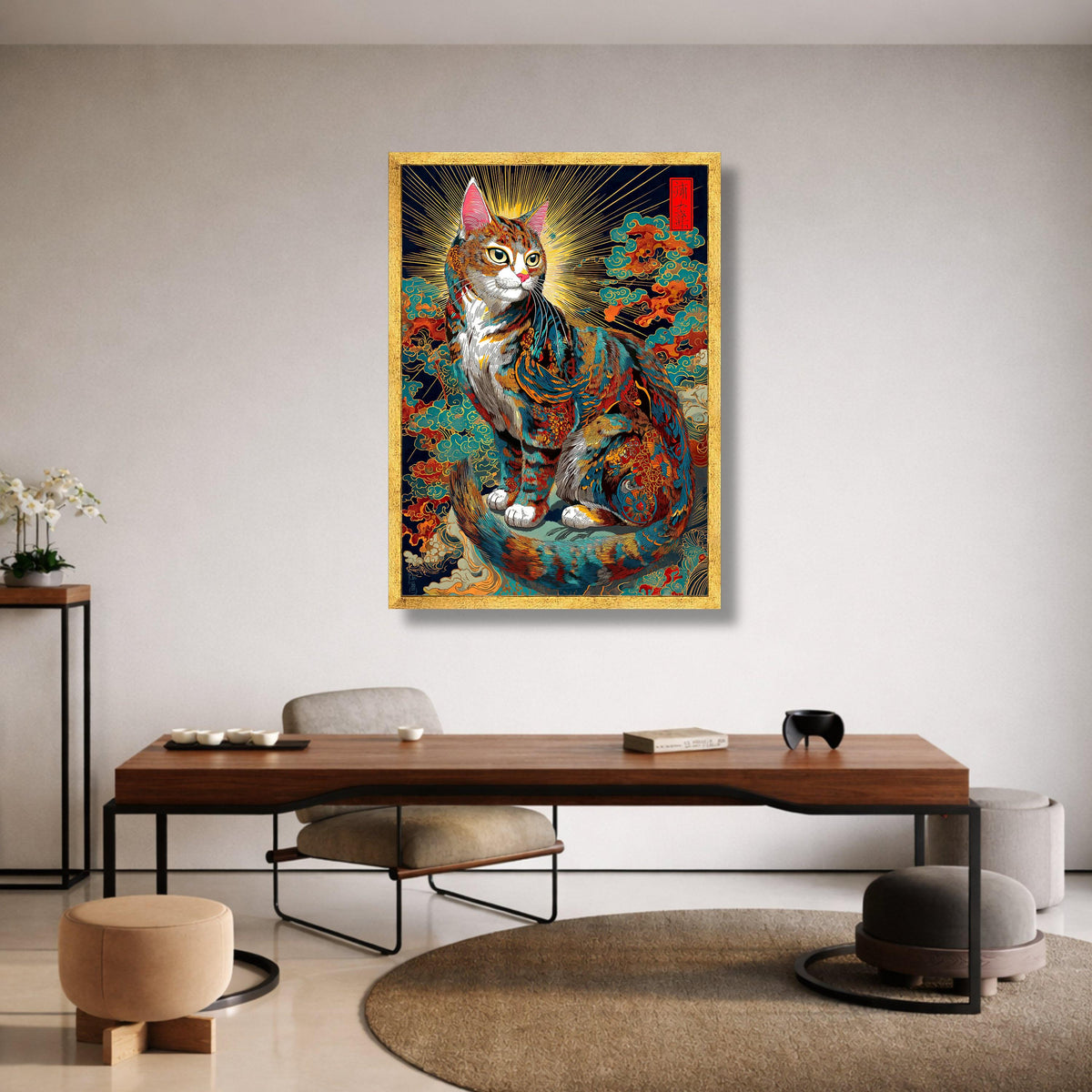 Mystical Cat Canvas Wall Art, Asian Cat Illustration, Vibrant Colorful Feline Decor, Detailed Animal Canvas, Unique Home Canvas Print Art
