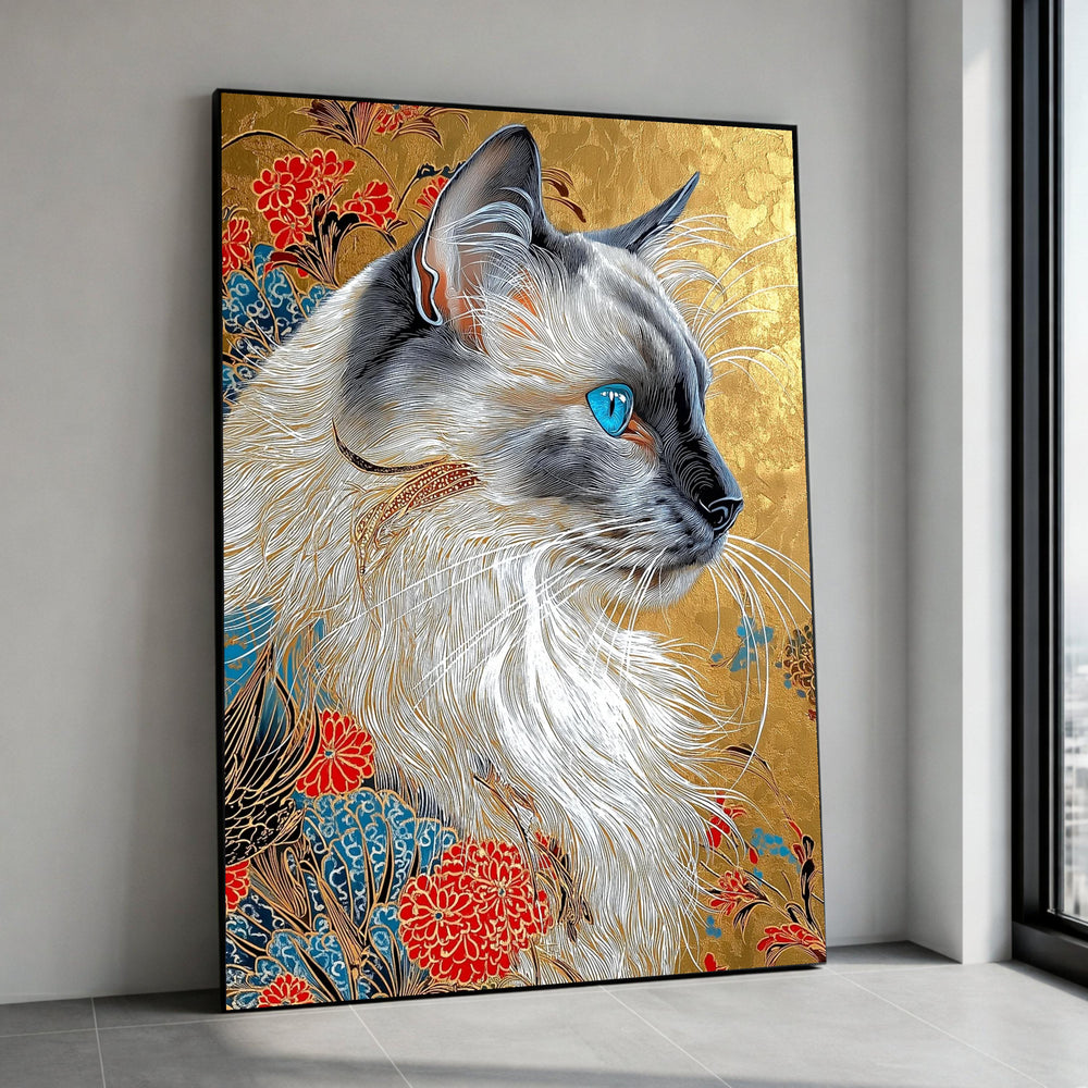 Elegant Blue-Eyed Cat Portrait Canvas, Ornate Floral Pattern Wall Art, Modern Animal Illustration, Gold Background Canvas, Canvas Print Art