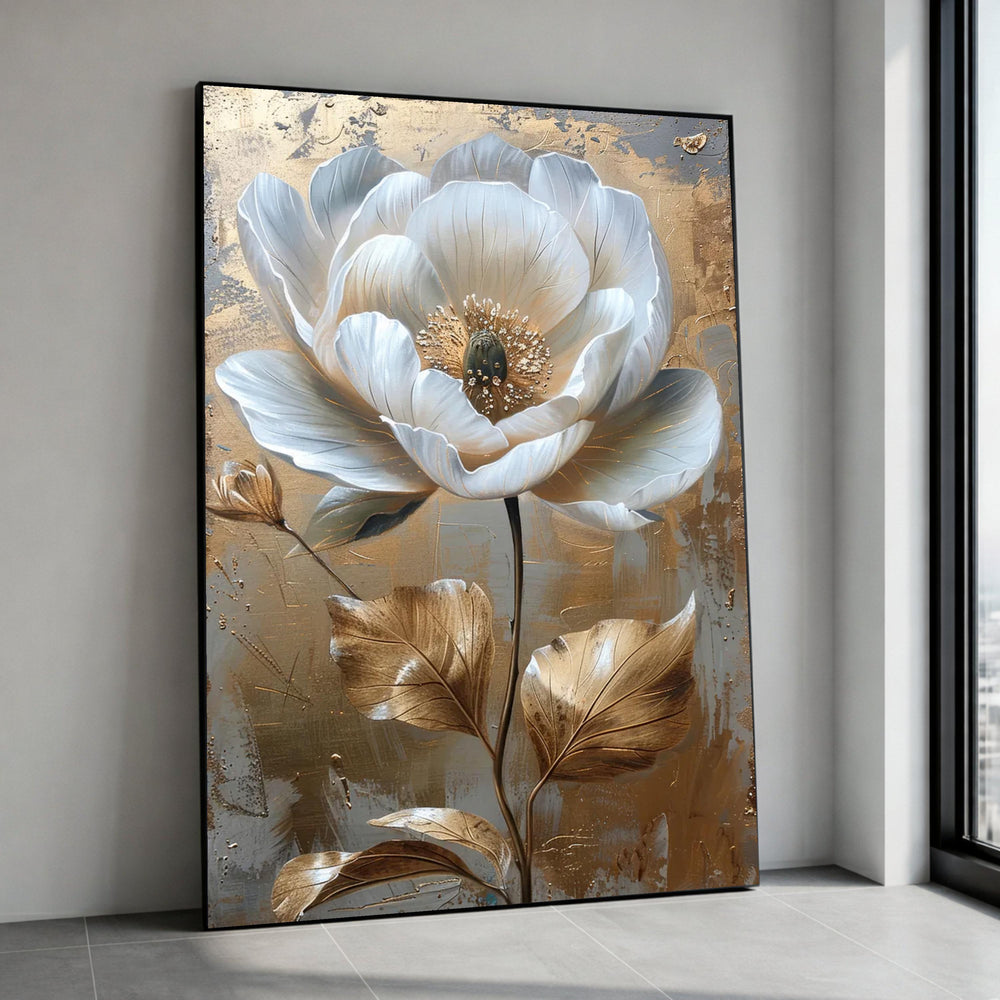 Elegant White and Gold Flower Canvas, Luxury Floral Wall Art, Botanical Canvas Decoration, Home Art, Modern Flower Painting Canvas Print Art