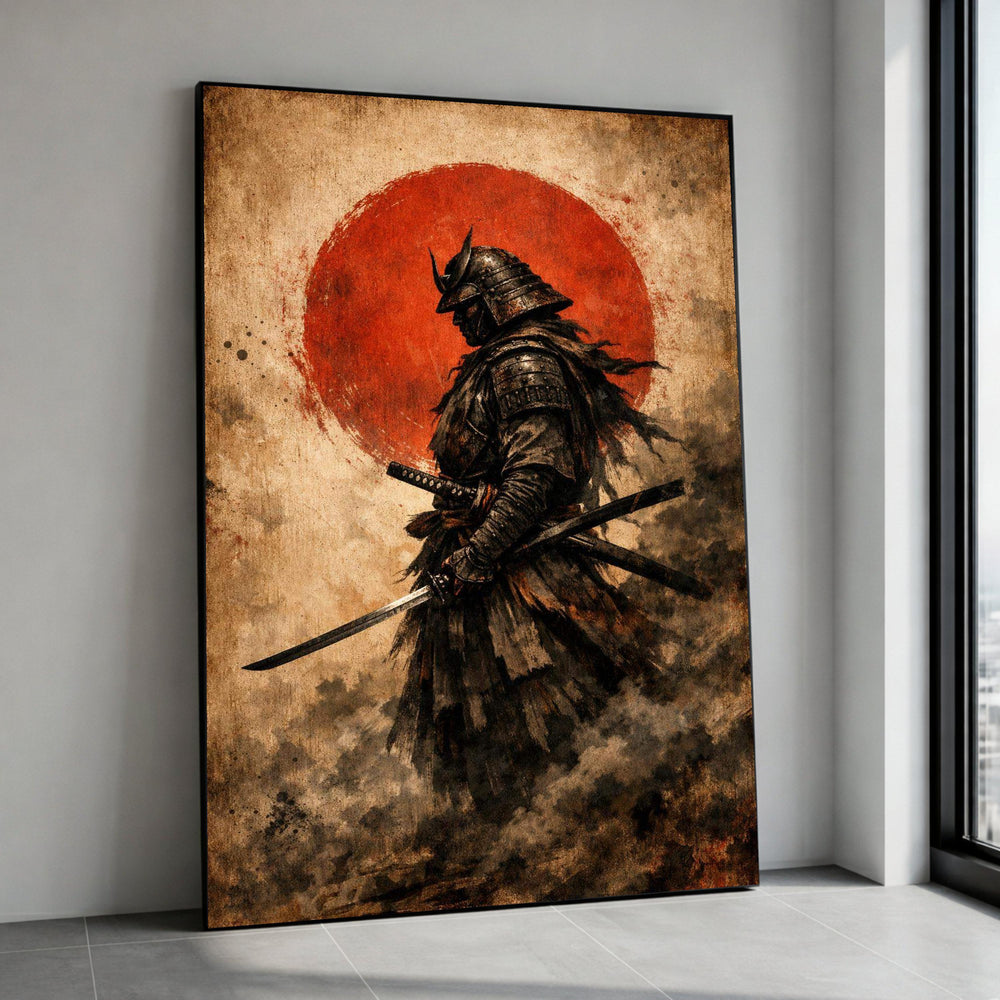 Fierce Samurai Warrior Canvas Wall Art, Japanese Armor Illustration, Red Sun Background, Vintage Style Samurai Sword Decor, Canvas Print Art