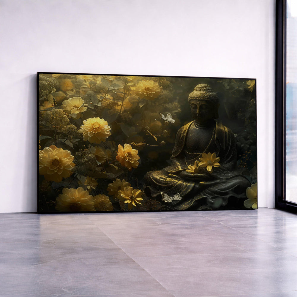 Serene Buddha Statue Canvas, Golden Yellow Flower Garden, Meditation Wall Art, Zen Decor, Tranquil Nature Canvas, Spiritual Canvas Print Art