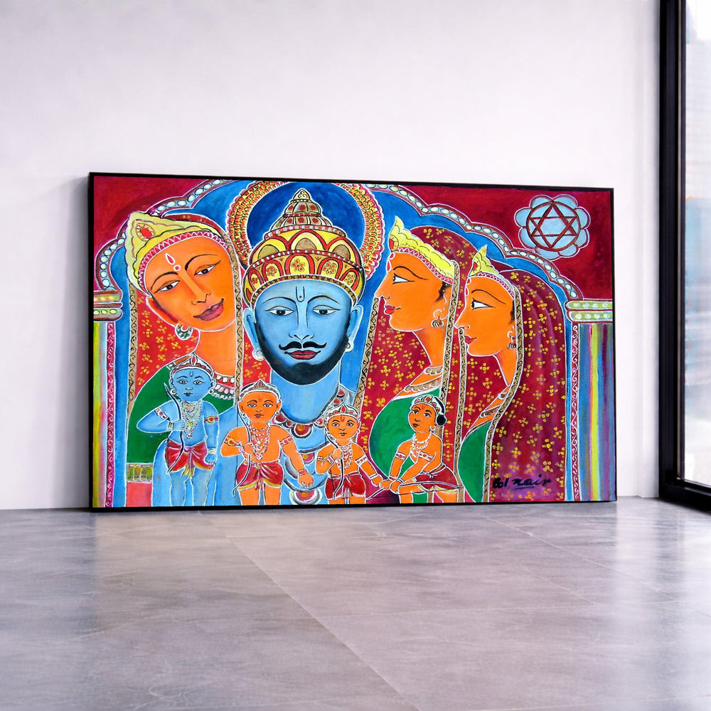 Traditional Indian Mythology Canvas Wall Art, Vedic Gods Family Painting, Colorful Spiritual Decor, Ethnic Wall Art for Canvas Print Art
