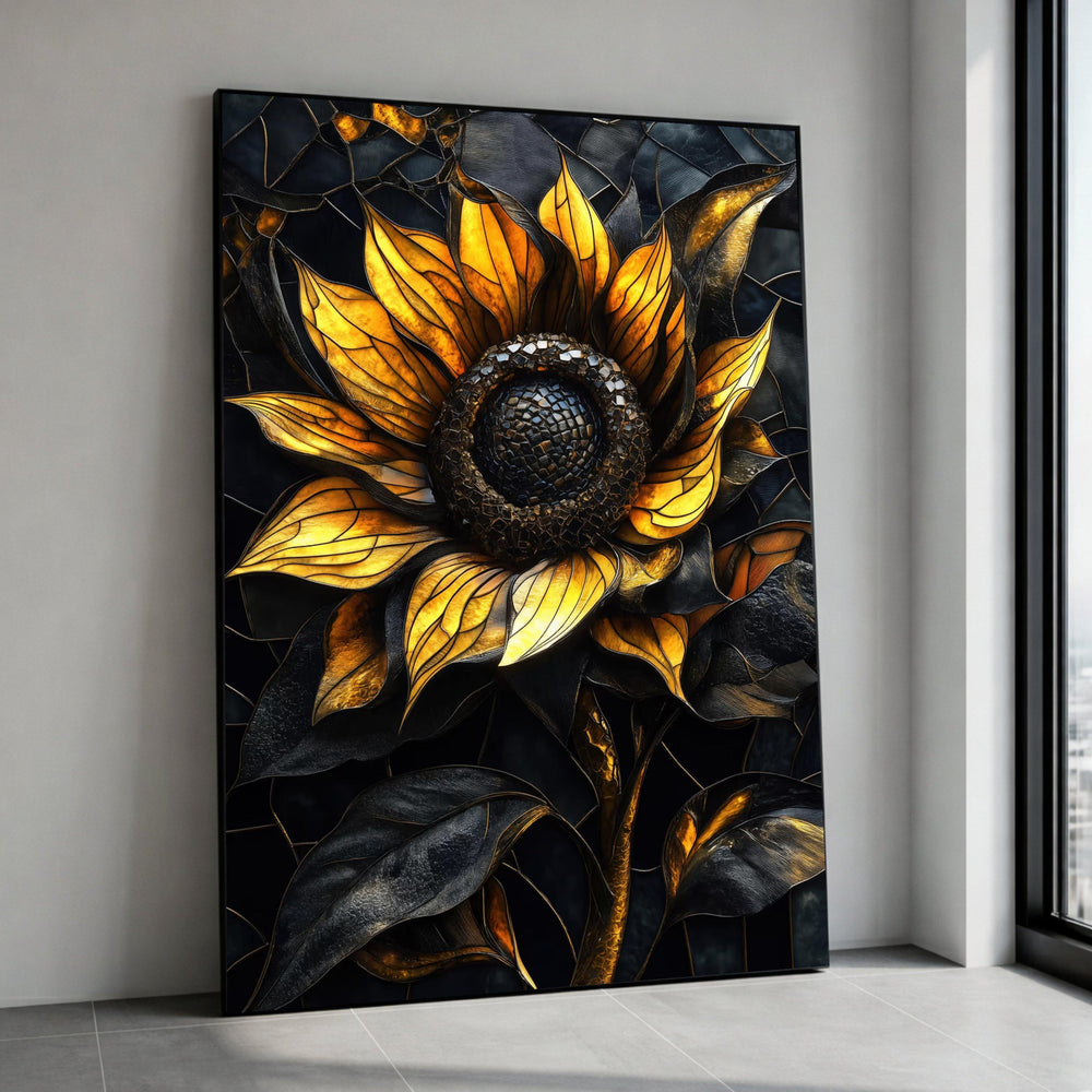 Golden Sunflower Canvas Wall Art, Dark Abstract Floral Painting, Modern Nature Decor, Metallic Canvas, Home Accent Artwork Canvas Print Art