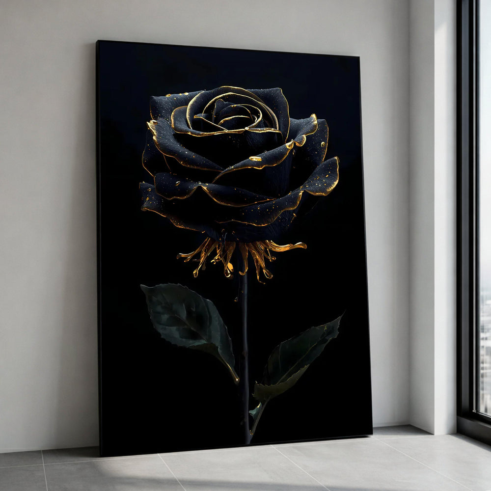 Elegant Black Rose with Gold Edges Canvas, Dark Floral Wall Art, Luxury Botanical Print, Modern Home Decoration, Ready to Canvas Print Art