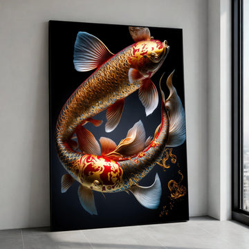 Golden Koi Fish Canvas Art, Japanese Carp Wall Decor, Feng Shui Aquarium Painting, Oriental Fish Symbol Canvas, Home Living Canvas Print Art