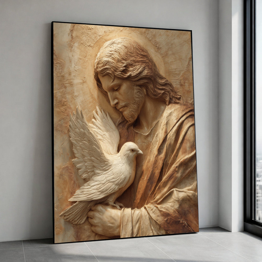 Serene Jesus with Dove, Religious Canvas Wall Art, Christian Home Decor, Spiritual Relief Sculpture, Peaceful Faith Canvas Print Art
