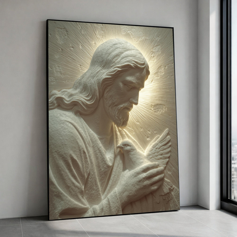 Jesus Holding Dove Canvas, Religious Wall Art, Christian Spiritual Decor, Peace and Hope Canvas, Divine Light Artwork, Canvas Print Art