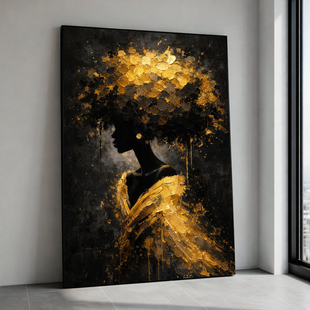 Elegant African Woman Silhouette Canvas, Gold Abstract Art, Modern Black and Gold Wall Art, Feminine Home Decor, Ready to Canvas Print Art