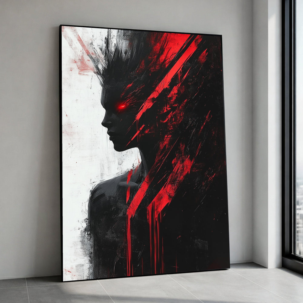 Dark Abstract Portrait Canvas, Red Eye Silhouette Art, Modern Gothic Wall Decor, Dramatic Expression Canvas, Intense Canvas Print Art