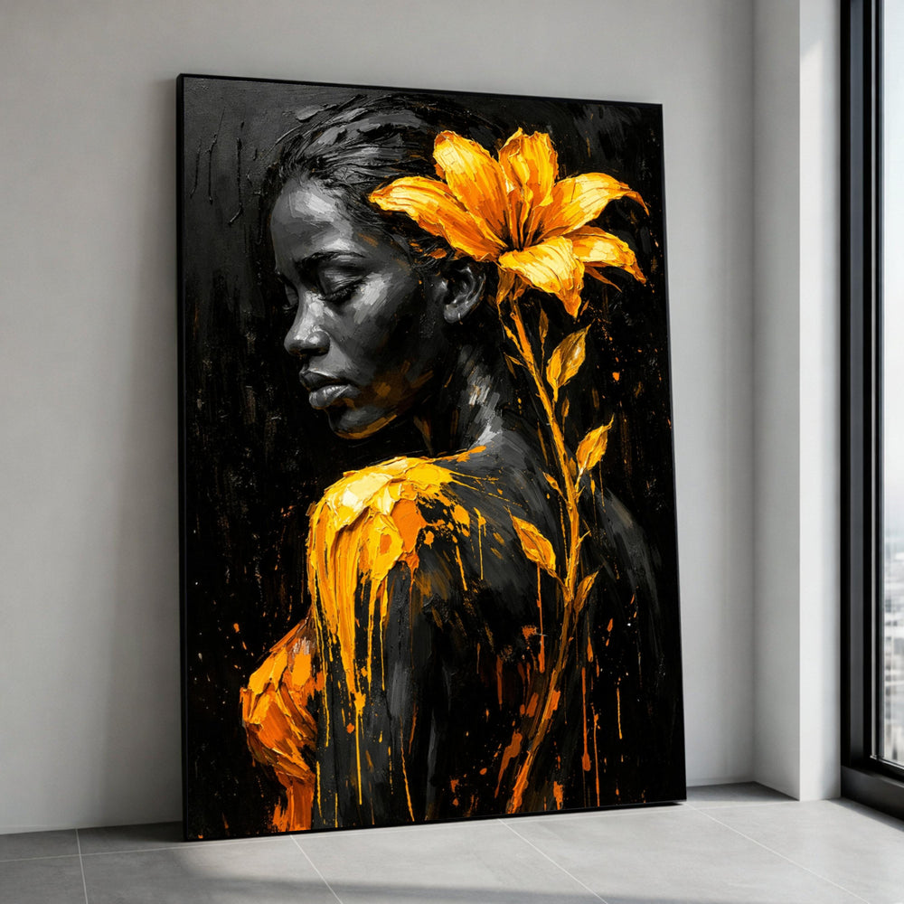 Elegant Black and Orange Portrait Canvas, Woman with Tiger Lily Flower, Modern Abstract Wall Art, Paint Canvas, Home Decor Canvas Print Art
