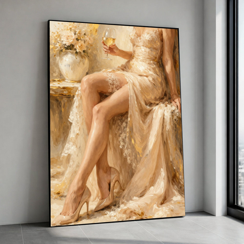 Elegant Woman in Champagne Lace Dress, Glamorous High Heels Canvas, Luxury Fashion Art, Feminine Home Decor, Romantic Wall Canvas Print Art