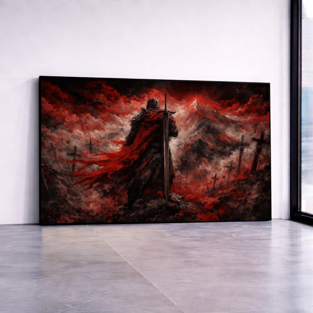 Dark Knight Warrior Canvas, Red Cloak Fantasy Art, Medieval Sword Wall Art, Dramatic Battle Scene Canvas, Gothic Home Canvas Print Art