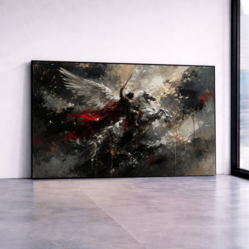 Dark Angel Warrior on White Horse Canvas, Fantasy Winged Knight Wall Art, Epic Battle Scene Canvas, Dramatic Red Cloak Canvas Print Art