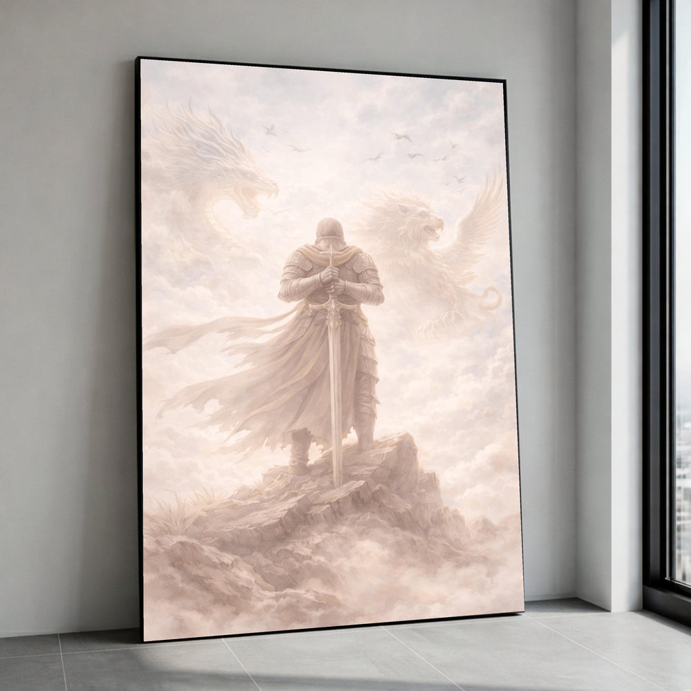 Epic Fantasy Knight Canvas Wall Art, Medieval Warrior with Sword, Mythical Dragon and Griffin, Mystical Cloudscape Canvas, Canvas Print Art