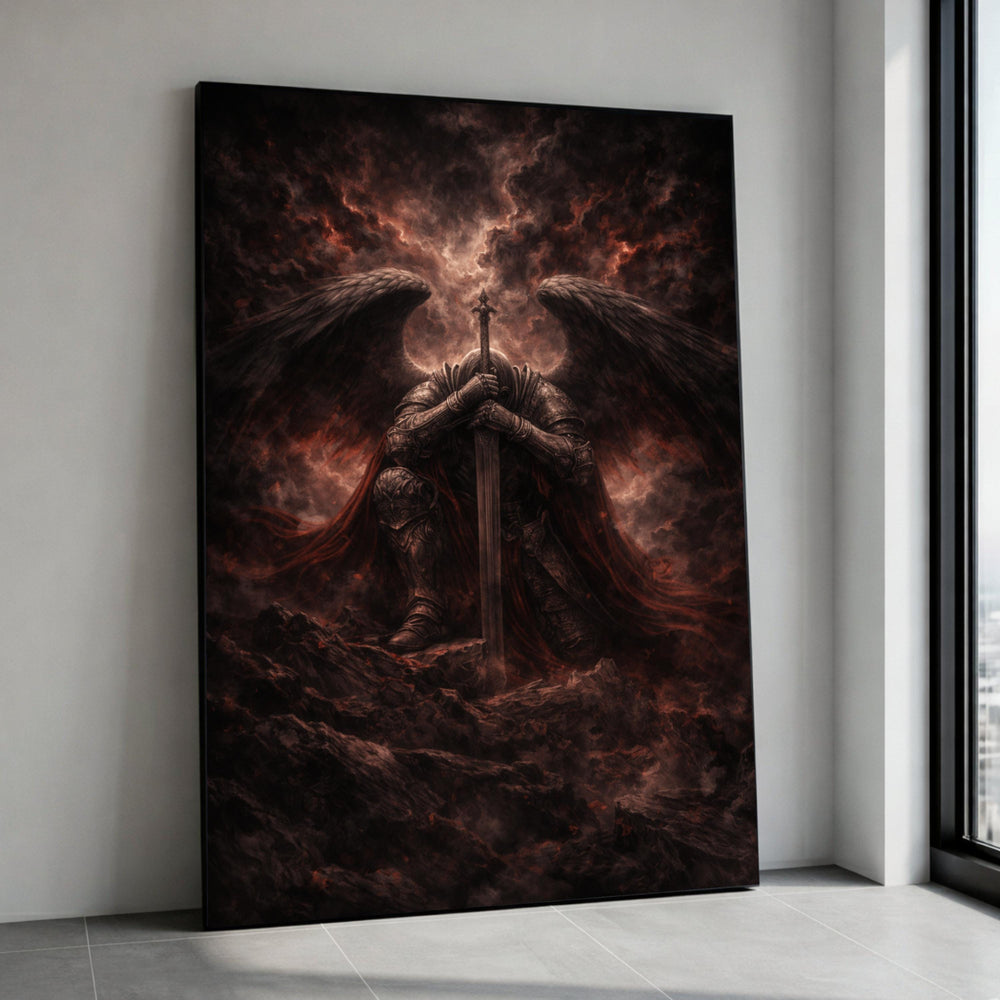 Dark Fallen Angel Warrior Canvas, Gothic Medieval Armor Wall Art, Fantasy Sword and Wings Artwork, Dramatic Home Decor, Canvas Print Art
