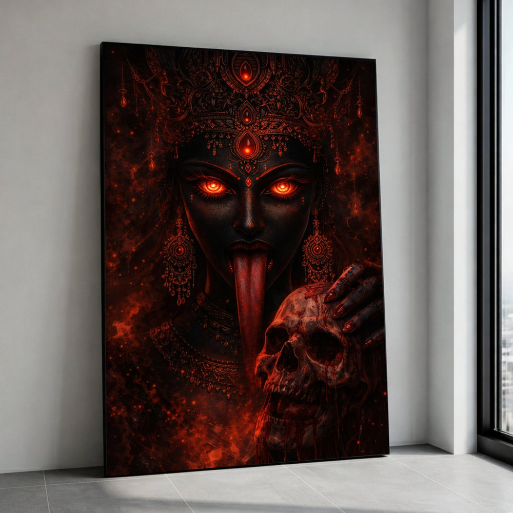 Dark Goddess Canvas Wall Art, Fiery Eyes and Skull, Gothic Indian Mythology Painting, Mystical Deity Wall Decor, Dark Canvas Print Art