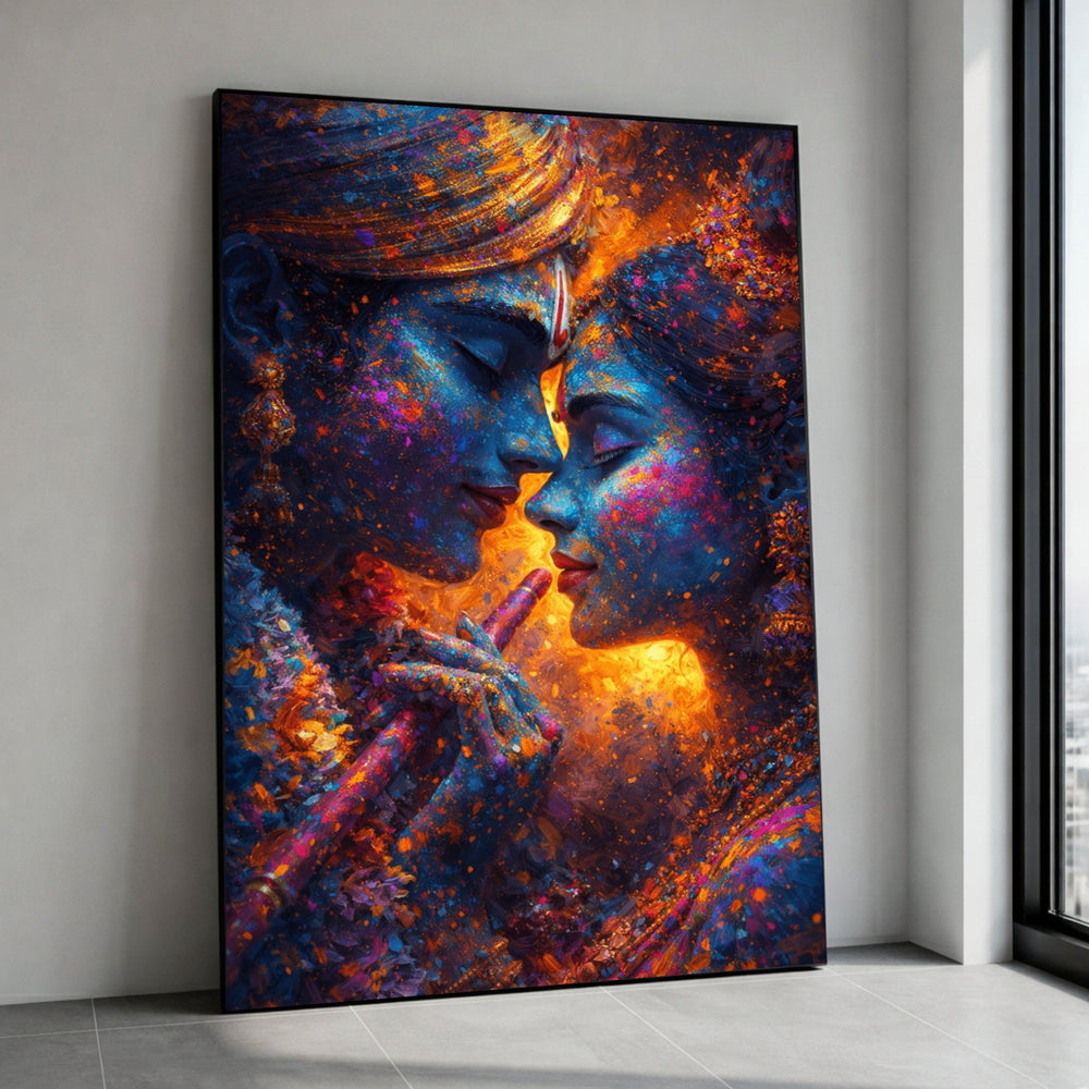 Vibrant Krishna Radha Love Canvas, Indian Mythology Wall Art, Colorful Spiritual Couple Painting, Hindu Divine Art, Home Canvas Print Art
