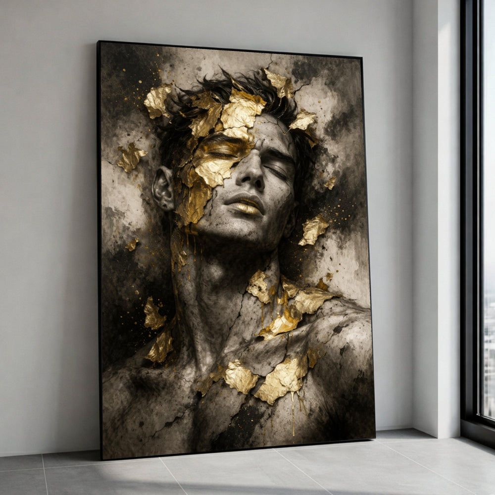 Golden Decay Portrait Canvas, Abstract Male Face Art, Surreal Wall Decor, Modern Home Decoration, Mixed Media Canvas Canvas Print Art