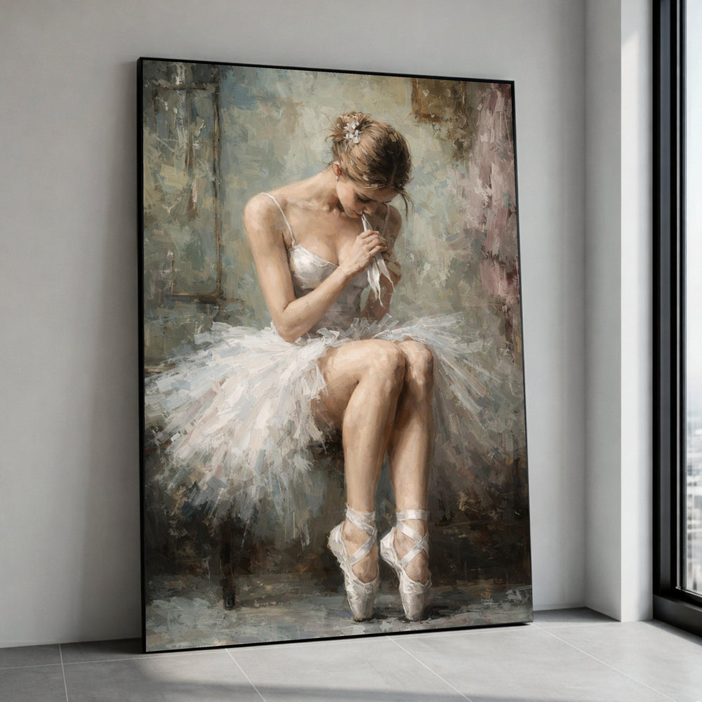 Graceful Ballerina Resting, Impressionist Ballet Canvas Wall Art, Dancer in White Tutu, Elegant Dance Home Decor Canvas Print Art