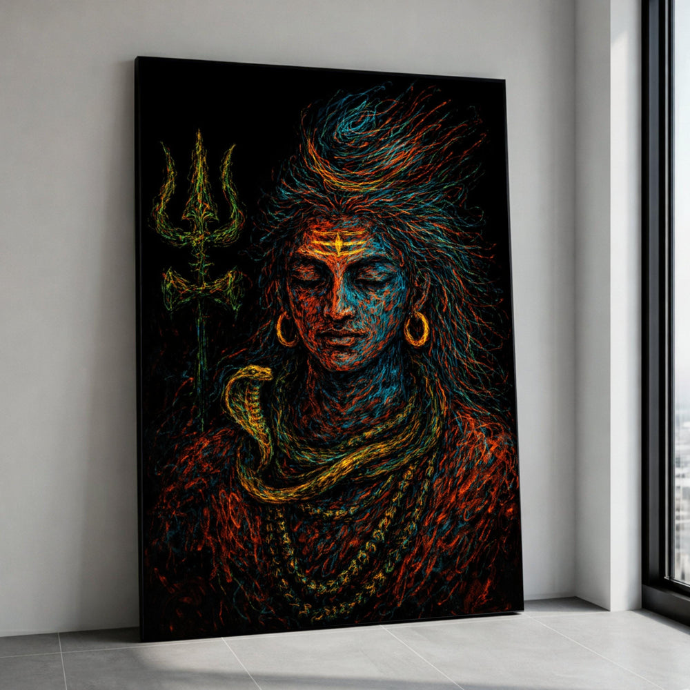 Vibrant Shiva Portrait Canvas, Hindu God Wall Art, Spiritual Home Decor, Trident and Snake Illustration, Meditation Canvas Print Art