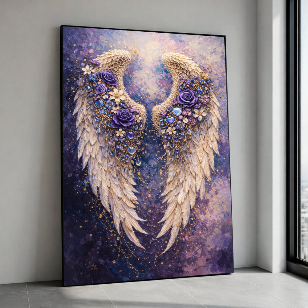 Elegant Angel Wings Canvas, Purple Floral Wall Art, Heart Gemstone Design, Fantasy Feather Decoration, Bedroom Canvas Print Canvas Print Art