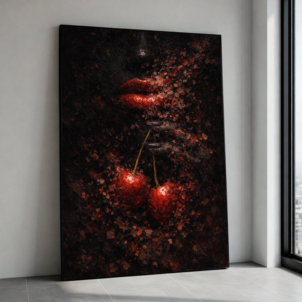 Abstract Red Lips with Cherries Canvas, Modern Wall Art, Dark Background Painting, Sensual Home Decor, Contemporary Canvas Canvas Print Art