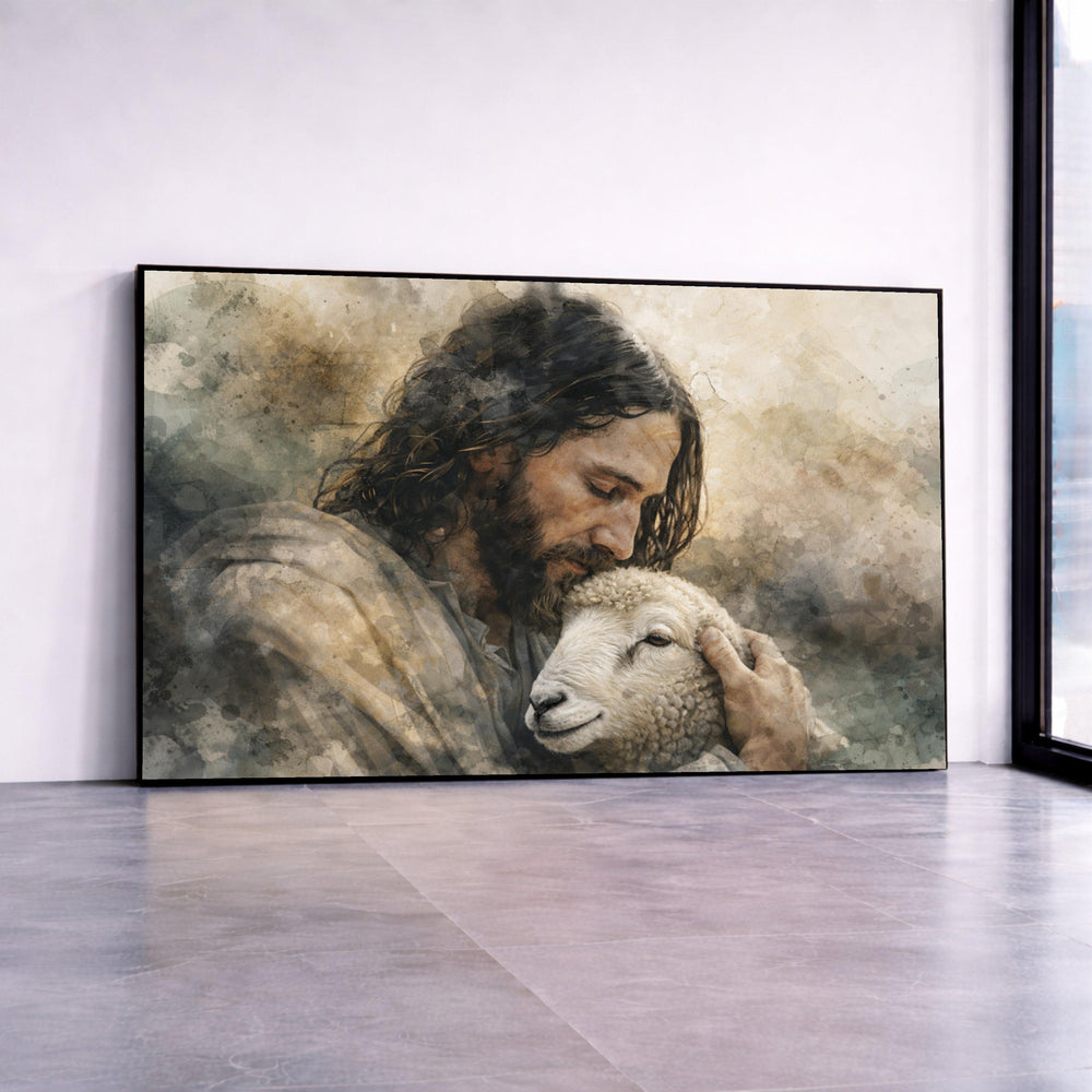 Tender Shepherd Embrace, Rustic Religious Canvas, Jesus and Lamb Wall Art, Spiritual Animal Canvas, Faith Home Decoration Canvas Print Art