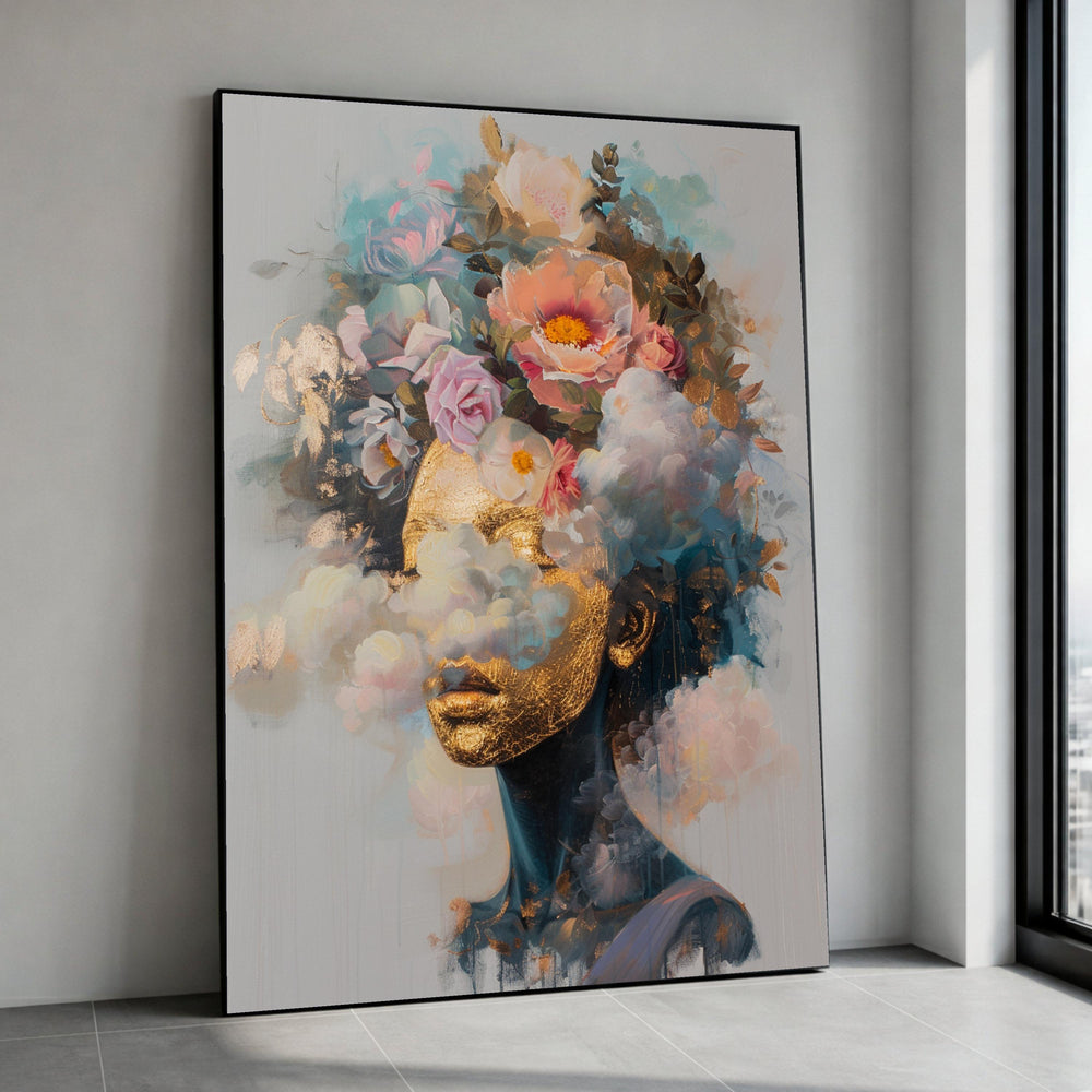 Golden Woman Portrait Canvas, Floral Crown Wall Art, Abstract Face Painting, Modern Home Decor, Mixed Media Canvas, Ready Canvas Print Art