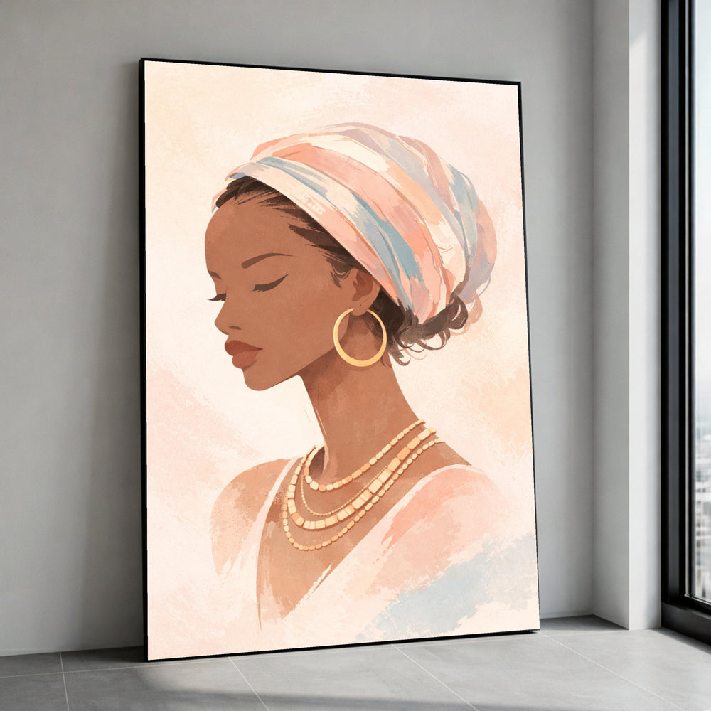 Elegant Woman Portrait Canvas, African Beauty Wall Art, Soft Pastel Headwrap Canvas, Modern Feminine Decor, Ready to Hang Canvas Print Art