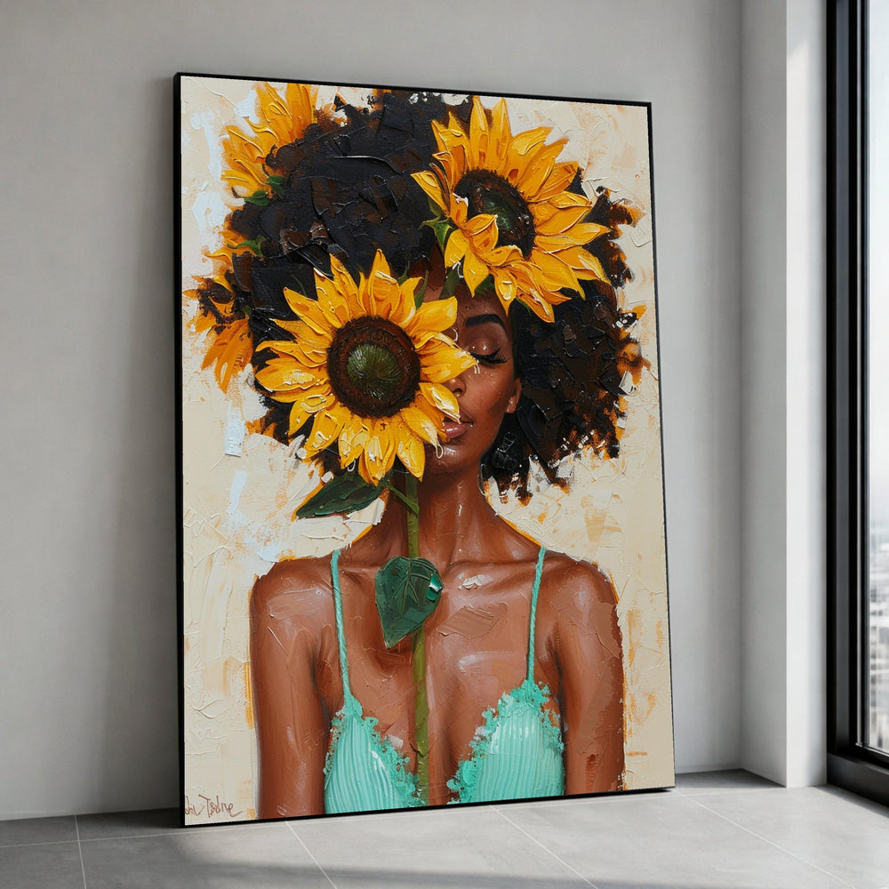 Radiant Sunflower Woman Canvas, Afro Hair Floral Portrait, Vibrant Yellow Flower Wall Art, Painting Style, Modern Home Canvas Print Art