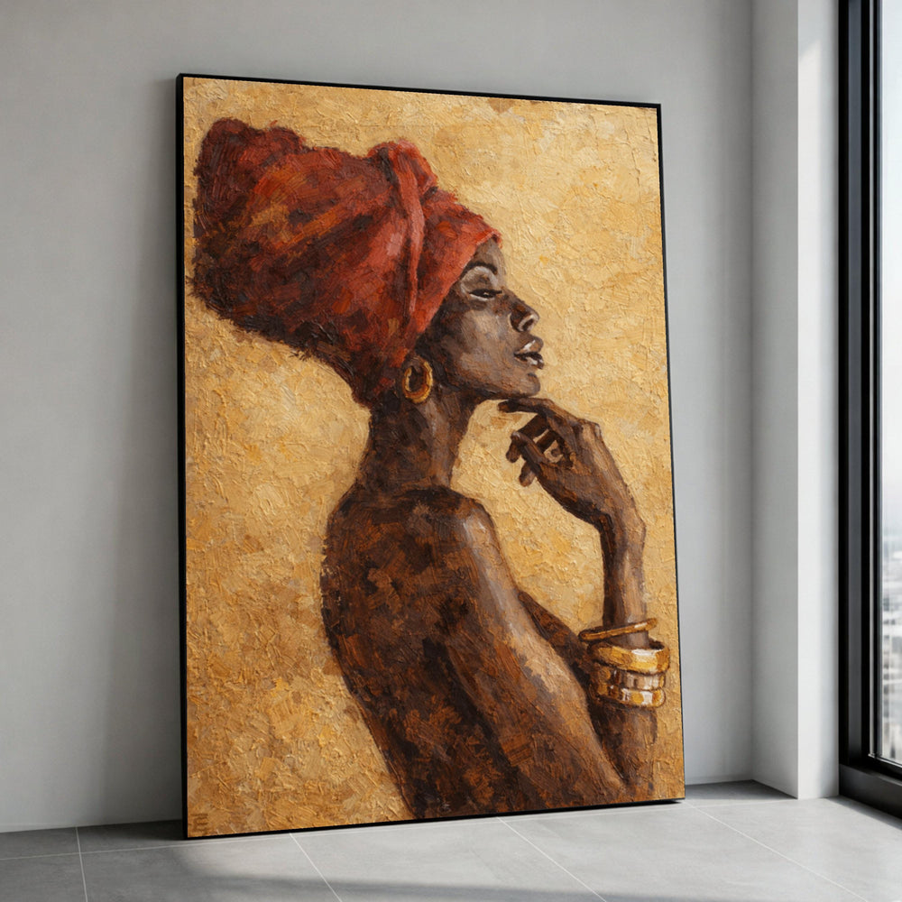 Elegant African Woman Portrait Canvas, Ethnic Wall Art, Red Headwrap Painting, Modern Art, Home Decor Canvas Print Canvas Print Art