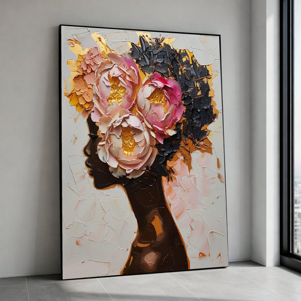 Elegant Black Woman Silhouette Canvas, Floral Headpiece Wall Art, Abstract Portrait, Modern Home Decoration, Ready to Hang Canvas Print Art