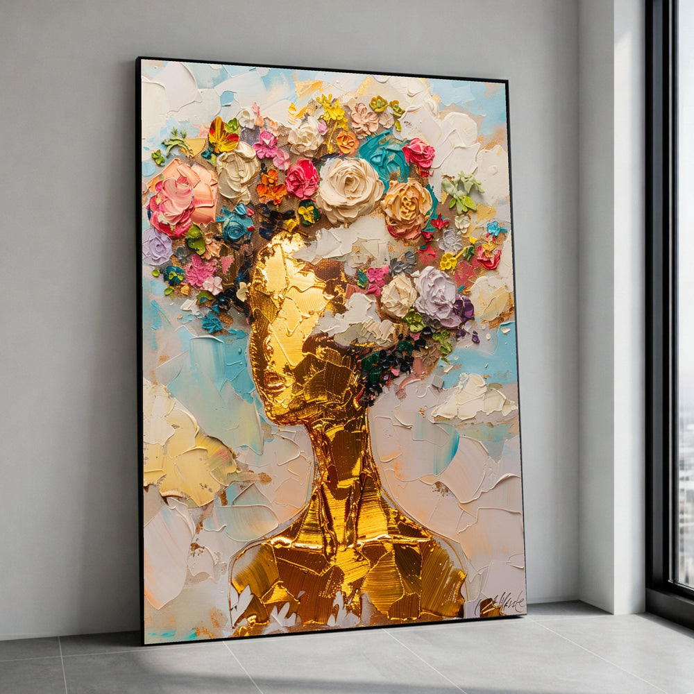 Golden Woman Portrait Canvas, Floral Hair Abstract Art, Impasto Painting, Modern Wall Decor, Vibrant Home Decoration Canvas Print Art