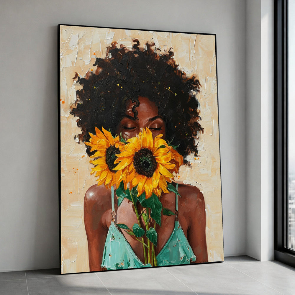 Radiant Sunflower Bouquet, Afro Woman Canvas Art, Floral Face Portrait, Modern Wall Decor, Painting Canvas, Home Decoration Canvas Print Art
