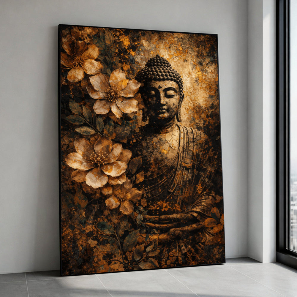 Serene Buddha Canvas Wall Art, Golden Floral Meditation Decor, Zen Spiritual Canvas, Rustic Asian Statue Painting, Peaceful Canvas Print Art