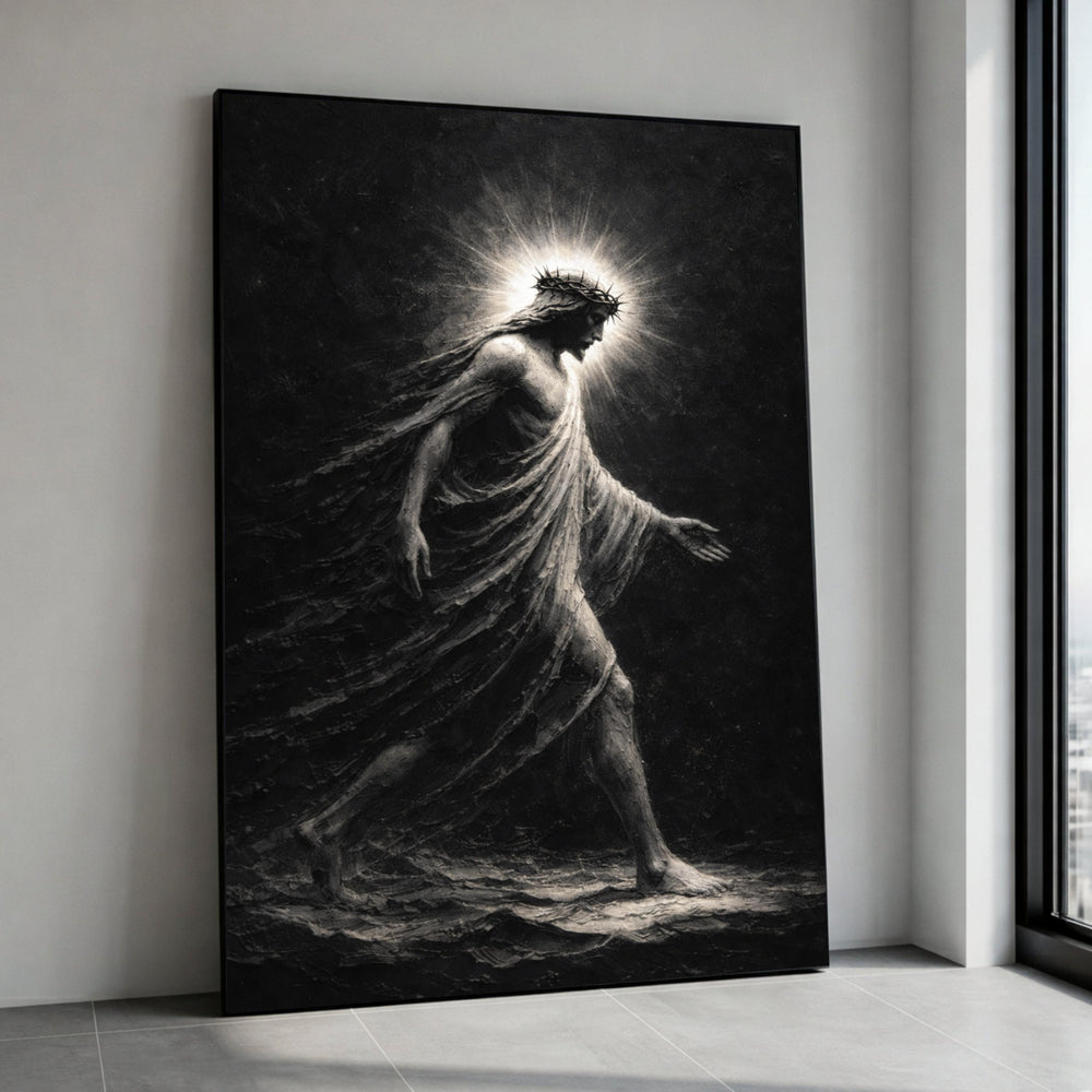 Jesus Christ Walking on Water Canvas Wall Art, Religious Christian Decor, Crown of Thorns Painting, Spiritual Home Canvas Print Art