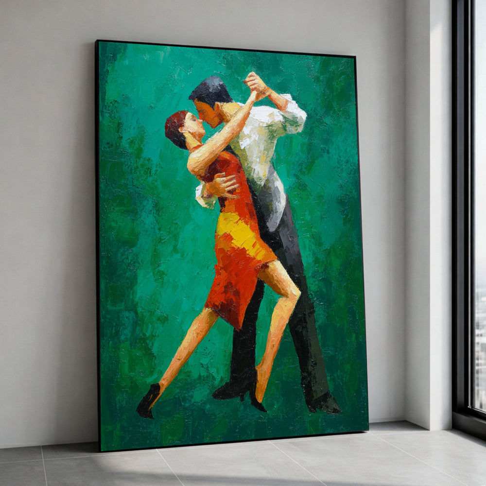 Passionate Tango Dance Couple Canvas, Modern Impressionist Wall Art, Vibrant Green Background, Romantic Home Decor, Ready Canvas Print Art