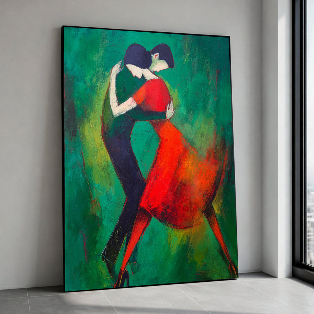 Passionate Tango Dance Couple Canvas, Abstract Romantic Wall Art, Vibrant Red Dress, Green Background Canvas, Modern Home Canvas Print Art