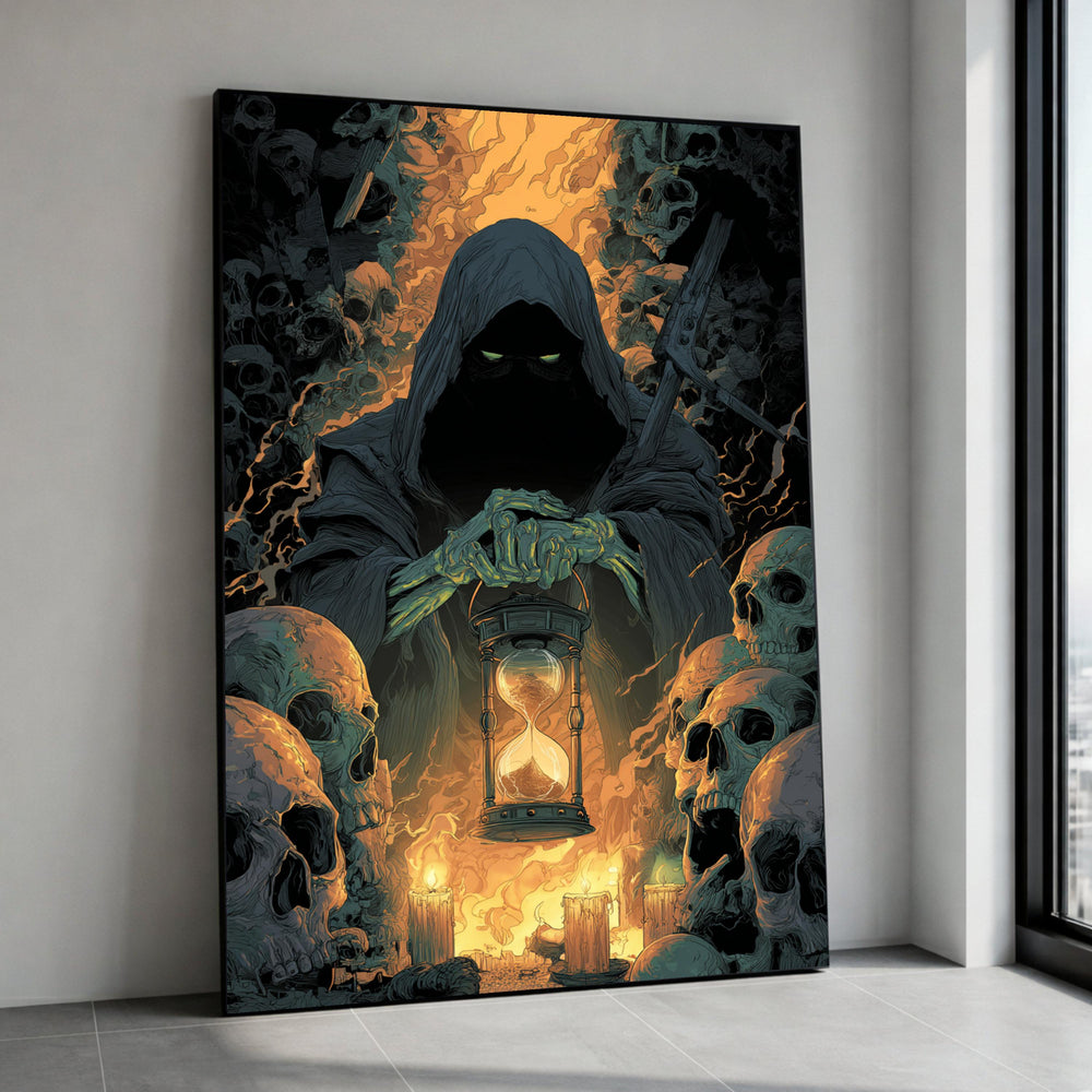 Grim Reaper with Hourglass and Skulls Canvas, Dark Gothic Wall Art, Halloween Decoration, Skeleton Art Print, Spooky Home Canvas Print Art