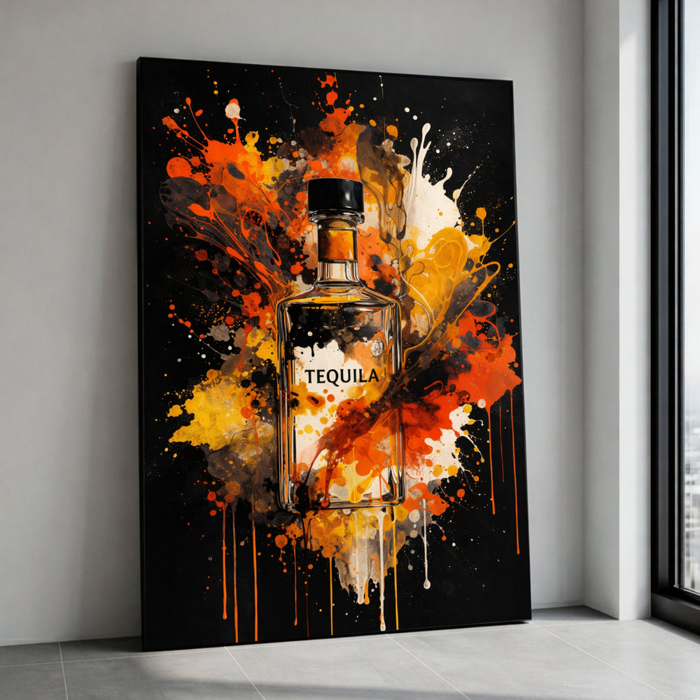 Vibrant Tequila Bottle Canvas, Abstract Splash Art, Modern Bar Wall Decor, Colorful Alcohol Illustration, Home Party Room Canvas Print Art