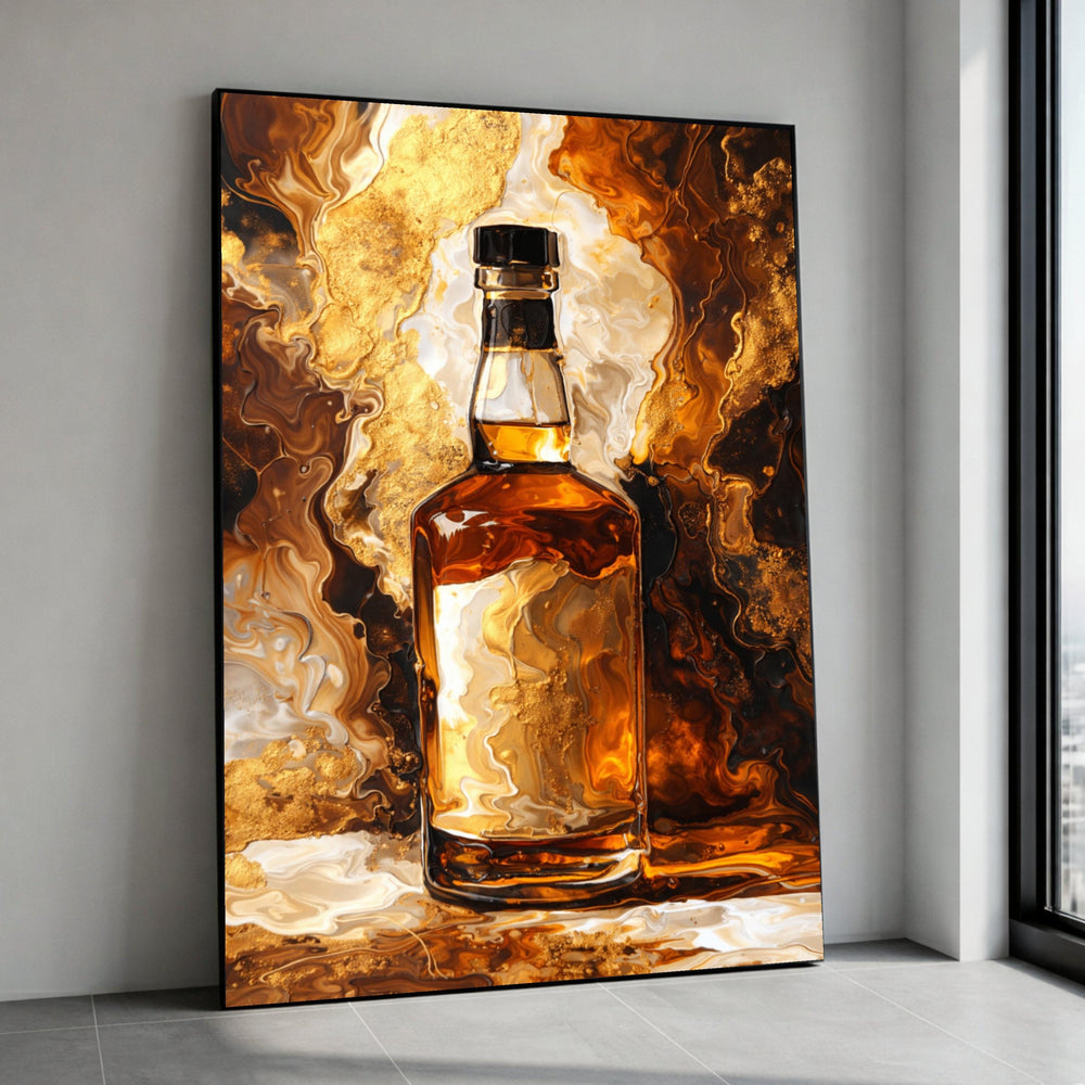 Amber Whiskey Bottle Canvas, Abstract Fluid Art Background, Gold and Brown Tones Wall Art, Modern Bar Decor, Ready to Hang Canvas Print Art