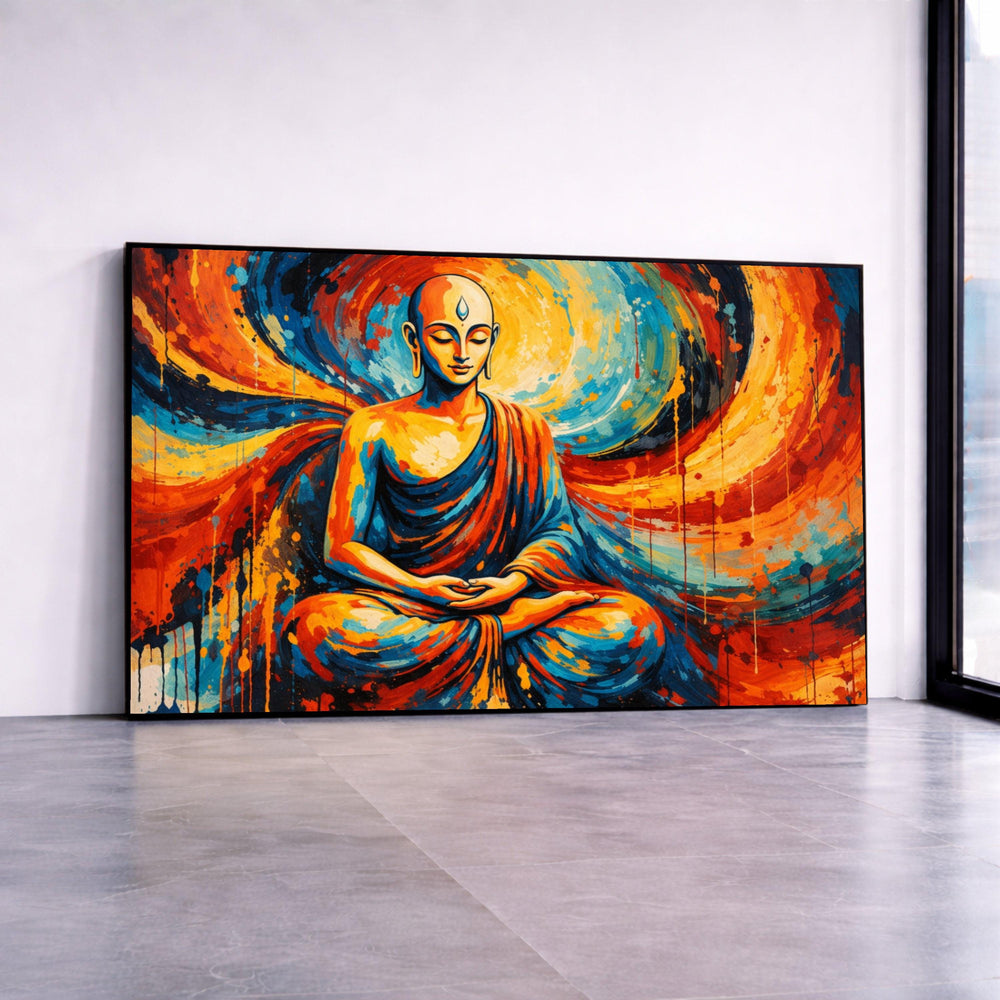 Meditative Buddha Canvas Wall Art, Abstract Spiritual Painting, Vibrant Orange Blue Home Decor, Mindfulness Meditation Canvas Print Art