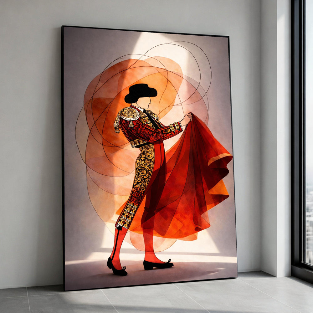 Vibrant Matador Silhouette Canvas, Spanish Bullfighter Wall Art, Red and Gold Decorative Canvas, Flamenco Style Home Decor, Canvas Print Art