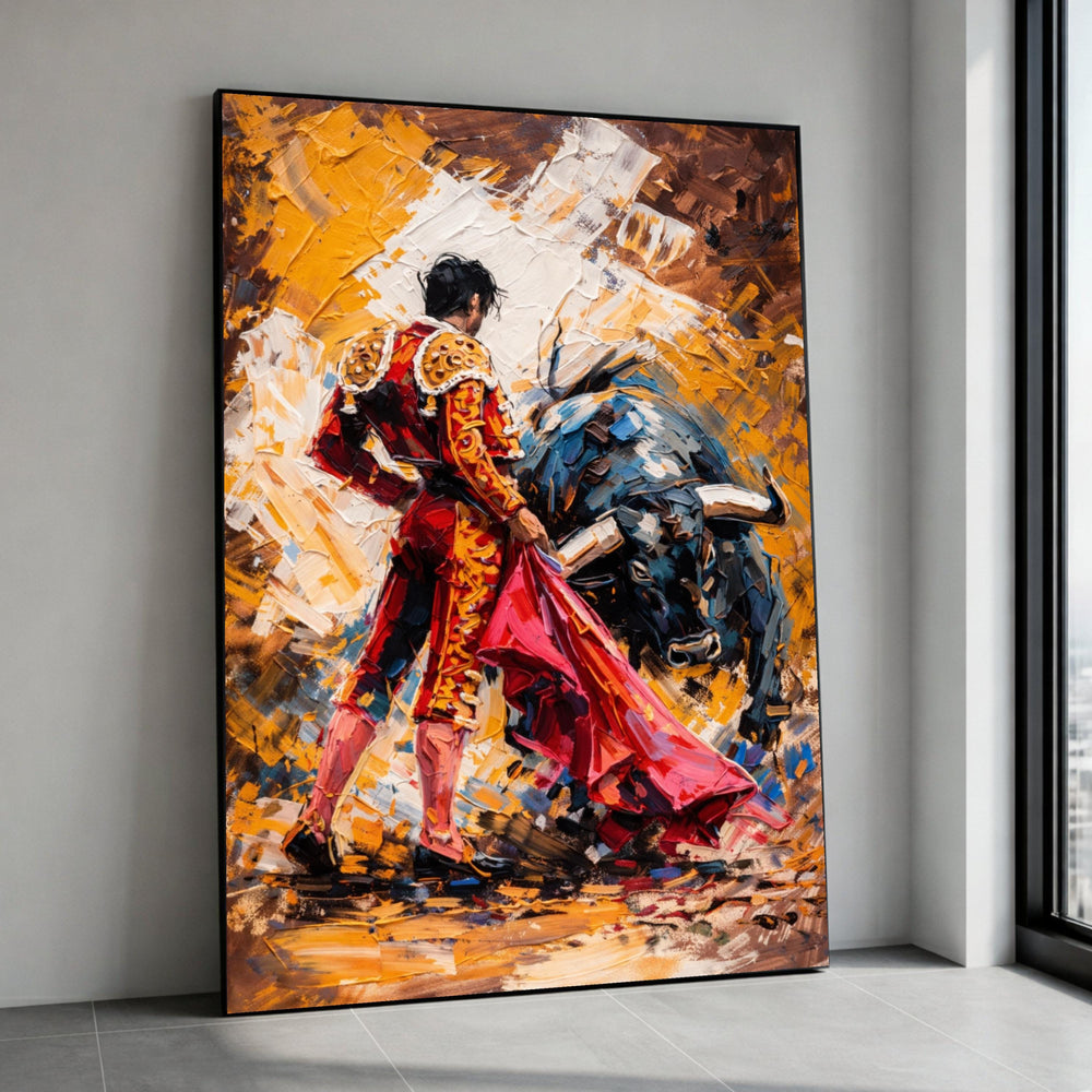 Vibrant Matador and Bull Abstract Canvas, Spanish Bullfighting Scene, Colorful Impasto Wall Art, Dynamic Home Decor, Ready Canvas Print Art