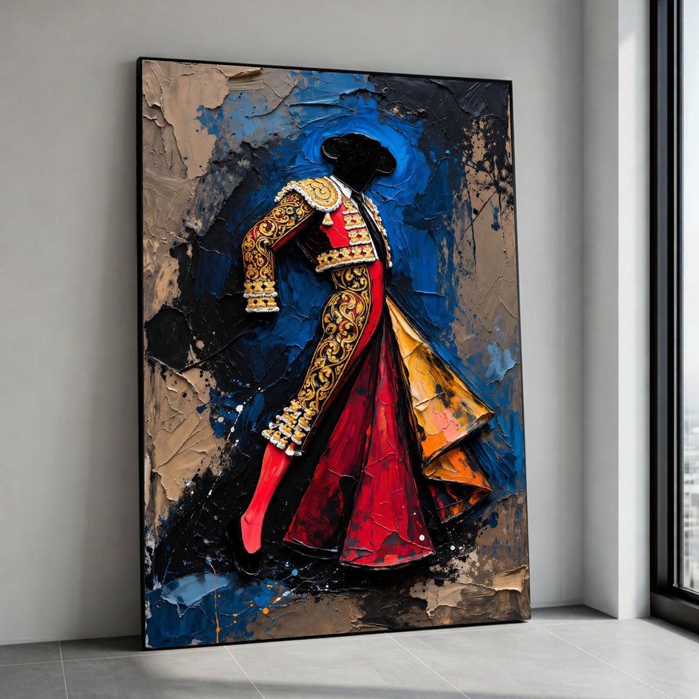 Vibrant Matador Canvas Wall Art, Spanish Bullfighter Costume, Abstract Painting, Flamenco Dance Decor, Bold Red and Gold Canvas Print Art