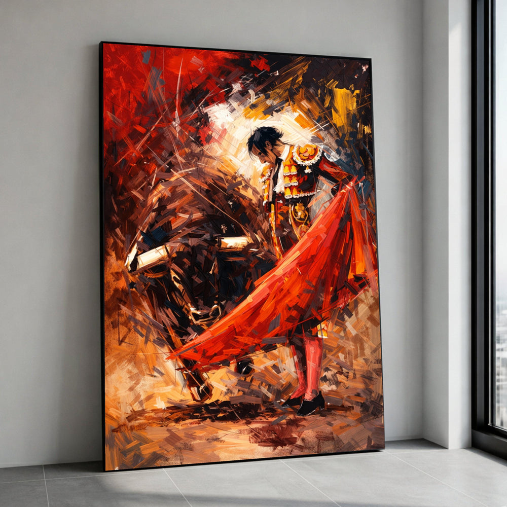 Passionate Bullfighter Scene, Abstract Matador Canvas Wall Art, Vibrant Red and Orange Contemporary Painting, Spanish Canvas Print Art
