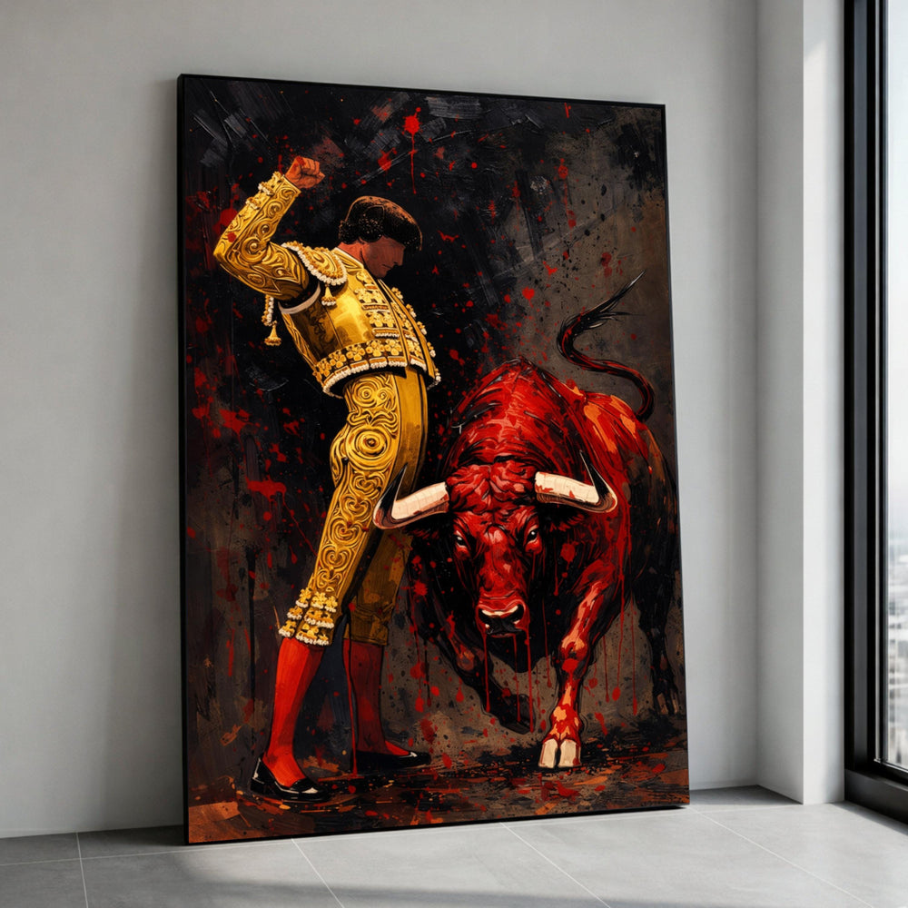Bold Matador and Red Bull Canvas, Bullfighting Wall Art, Spanish Culture Canvas, Dramatic Home Decoration, Ready to Hang Canvas Print Art