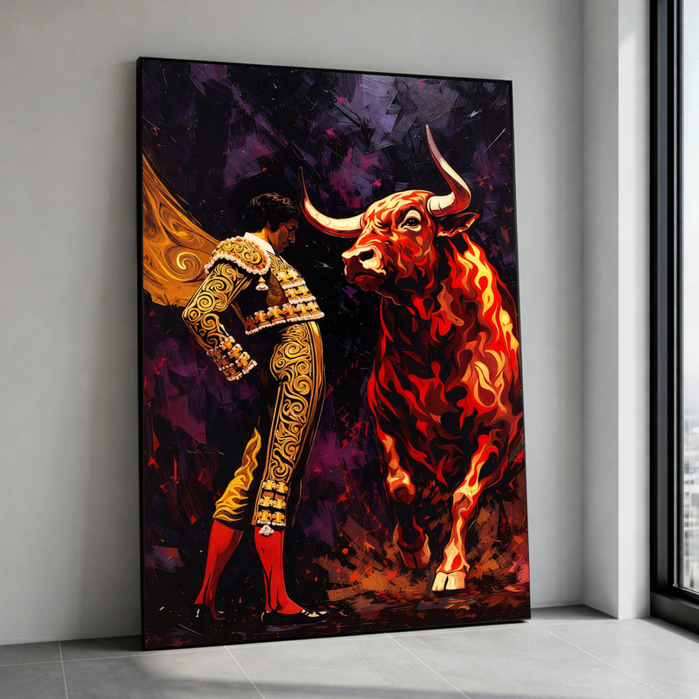 Vibrant Matador and Bull Canvas, Spanish Bullfighting Wall Art, Bold Flamenco Theme, Colorful Abstract Canvas, Dynamic Home Canvas Print Art